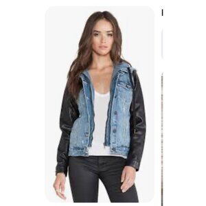 Blank NYC  Jacket Denim Hoodie Sweatshirt With Leather Sleeves Women’s Size Larg